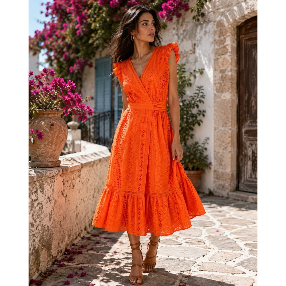 J.Crew Orange All Over Eyelet Ruffle Flutter Sleeve Wrap Midi Dress Womens 6